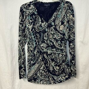Coldwater Creek Women’s Tunic Wrap Top Size L/14 Navy Teal White Long sleeve
